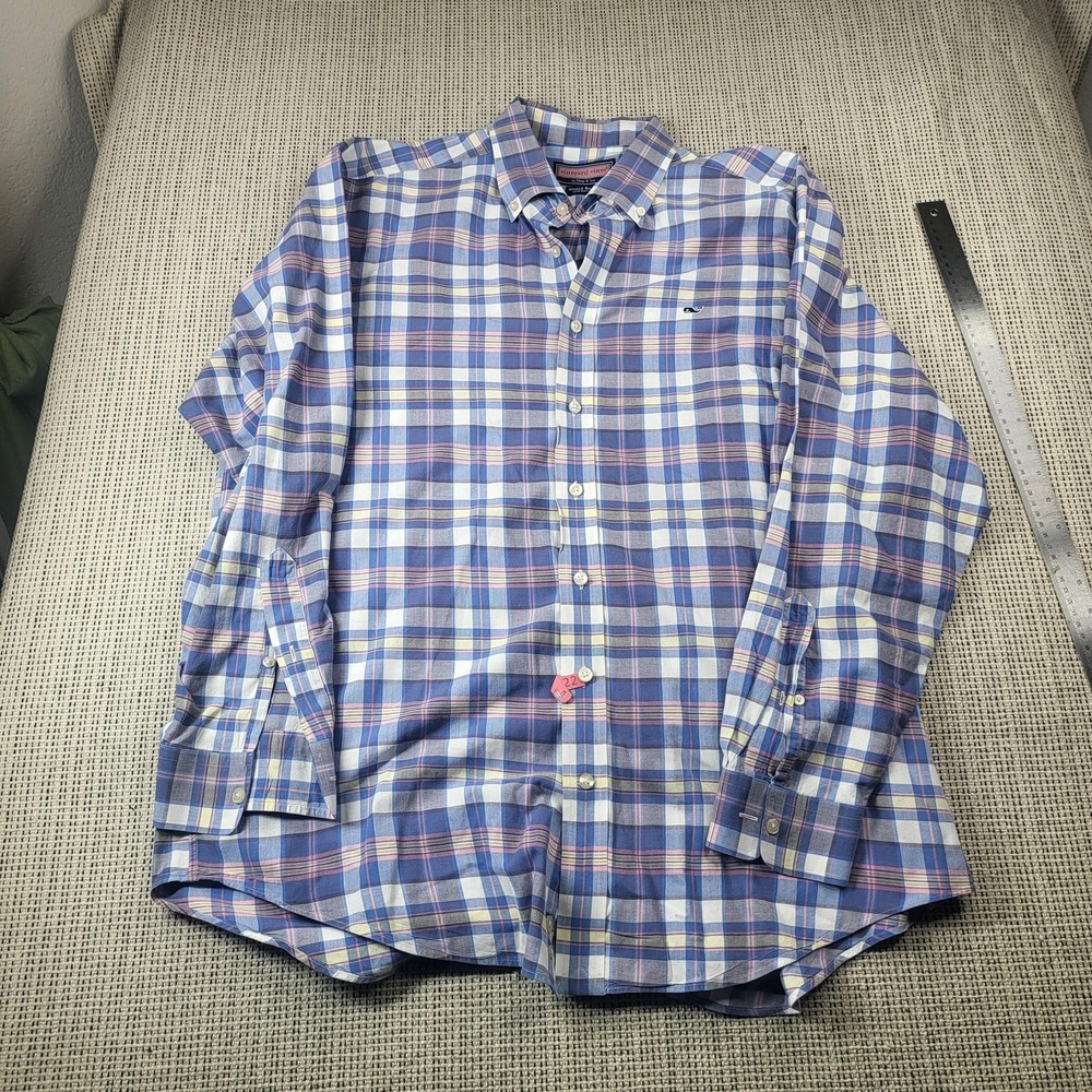 Vineyard Vines Shirt Mens Large Blue Plaid Long Sleeve Whale Shirt Button Down